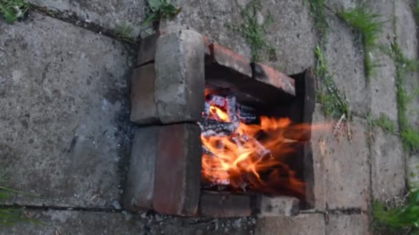 Campfire flammande i rustik öppen spis utomhus — Stockvideo