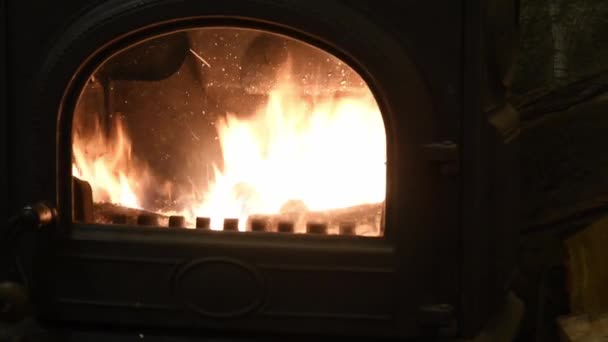 Estufa de vientre de hierro fundido retro con fuego en llamas en el interior — Vídeo de stock