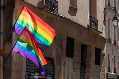 Paris 'teki eski binanın köşesinde LGBTQ bayrakları var. Transseksüel Gurur bayrağı