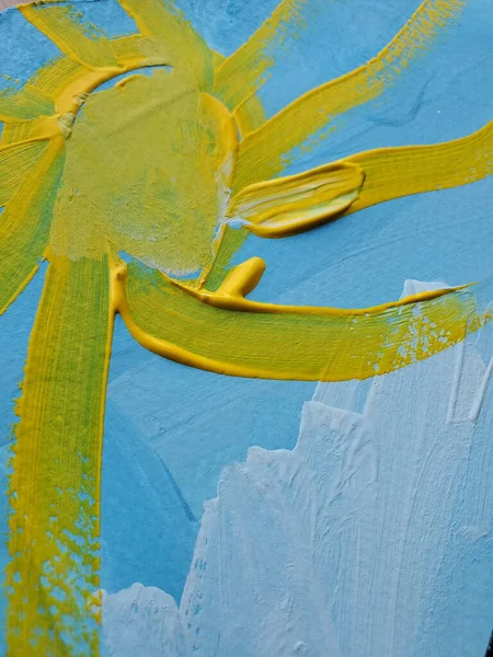 Naive Kunst Malerei Kunstwerk Sonne durch Fingerfarbe Striche auf Papier Textur erstellt — Stockfoto