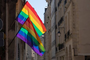 Paris 'teki eski binanın köşesinde LGBTQ bayrakları var. Transseksüel Gurur bayrağı