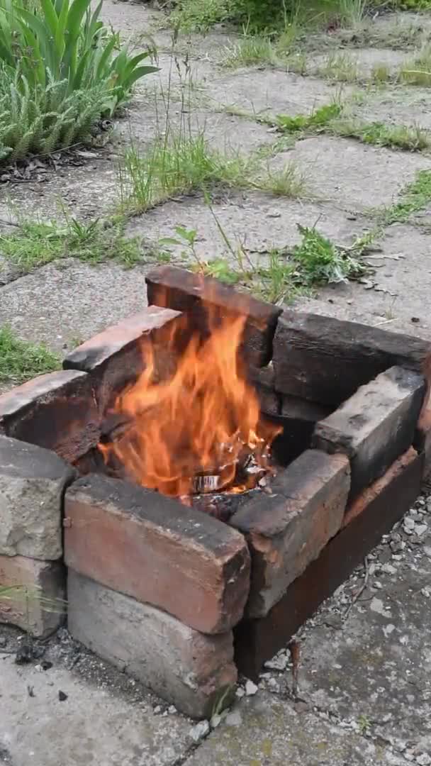 田舎の素朴な暖炉の中でキャンプファイア炎 — ストック動画