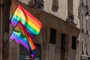 Paris 'teki eski binanın köşesinde LGBTQ bayrakları var. Transseksüel Gurur bayrağı