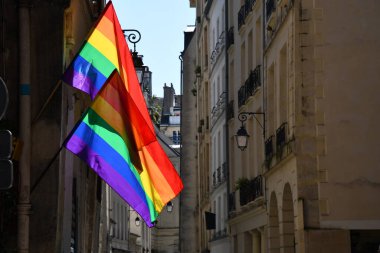 Paris 'in tarihi köşesinde LGBTQ bayrakları var. Transseksüel Gurur bayrağı