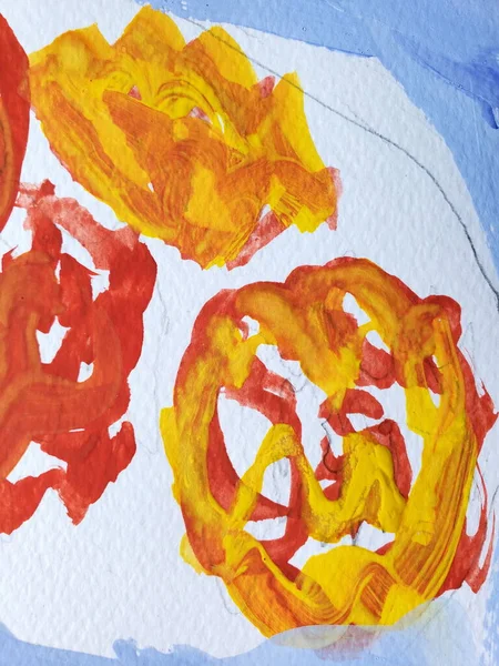 Textura de pintura de tintas amarelas e vermelhas misturando em papel aquarela — Fotografia de Stock