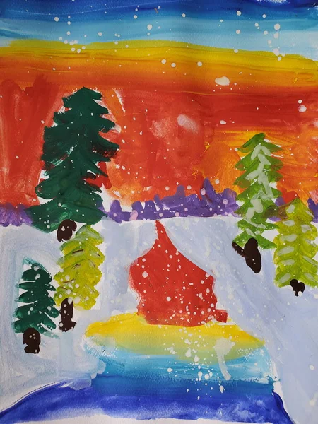 Pintura de arte para niños colorido bosque de cuento de hadas con árboles de coníferas y cielo rojo — Foto de Stock