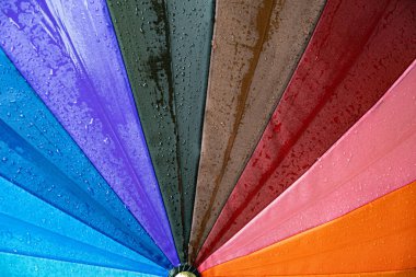 Raindrops on colorful rainbow umbrella close-up