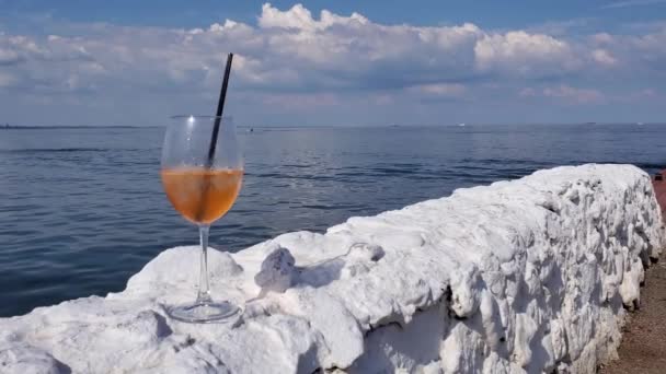 팬은 바닷가에서 파도를 배경으로 펜싱을 하고 있는 하얀 돌 위에 놓인 칵테일 와인 잔을 바라본다 — 비디오