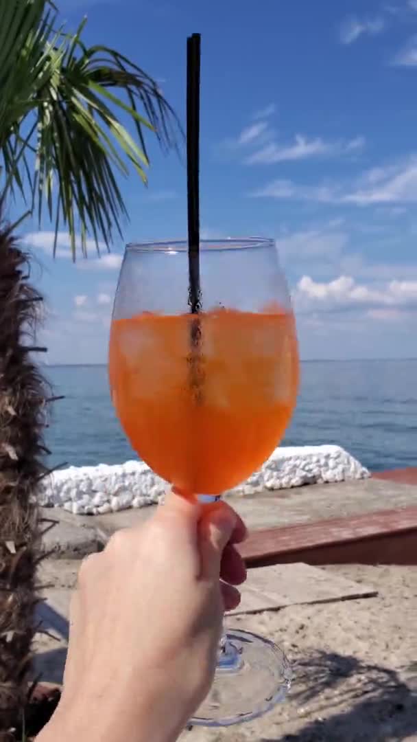 Perempuan tangan mengangkat gelas anggur musim panas koktail untuk bersulang — Stok Video
