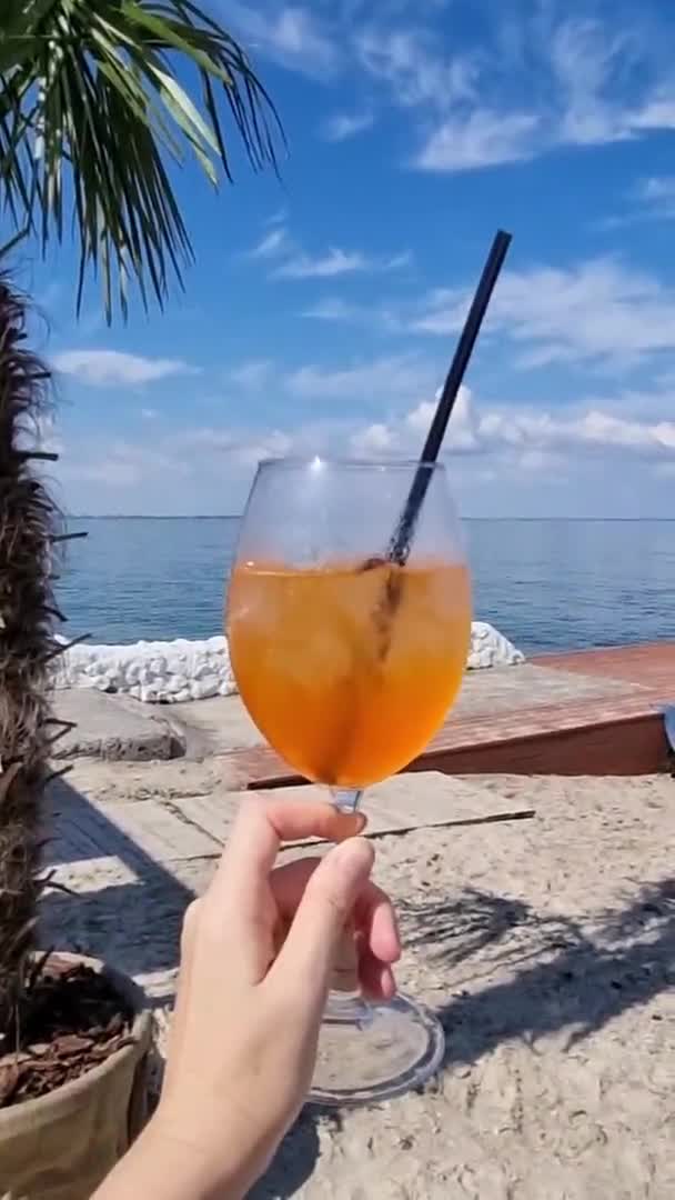 Frauenhand hebt unter Jubel ein Glas Sommercocktail in die Höhe — Stockvideo