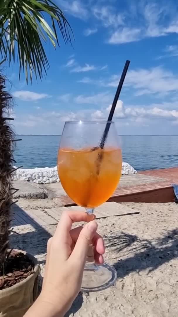 Frauenhand hebt unter Jubel ein Glas Sommercocktail in die Höhe — Stockvideo