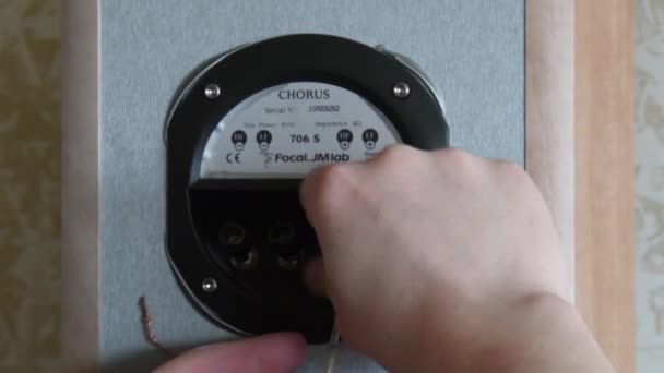 Male hands input sound cables into speaker plug at home — Stock Video