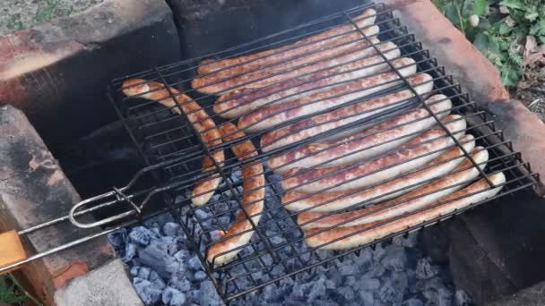 Подготовка традиционных немецких колбас Bratwurst в гриль сетке на печи лагеря — стоковое видео