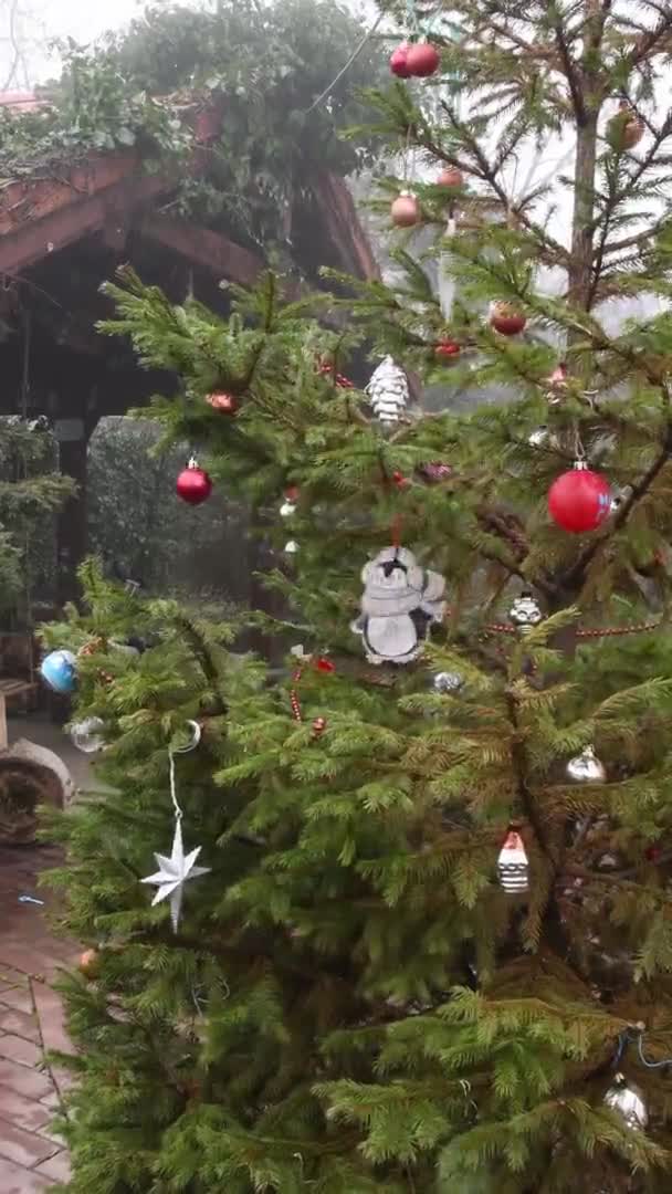 Рождественские украшения, висящие на елке, раскачивающиеся ветром в тумане — стоковое видео
