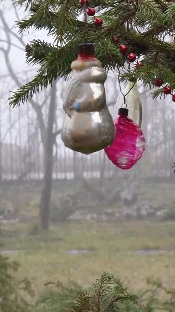 Boules vintage balancent sur les branches de sapin de Noël à l'extérieur — Video