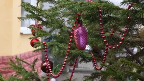 Bola vintage y bolas rojas de Navidad se balancean en el árbol de Navidad en el patio trasero de la casa amarilla — Vídeo de stock