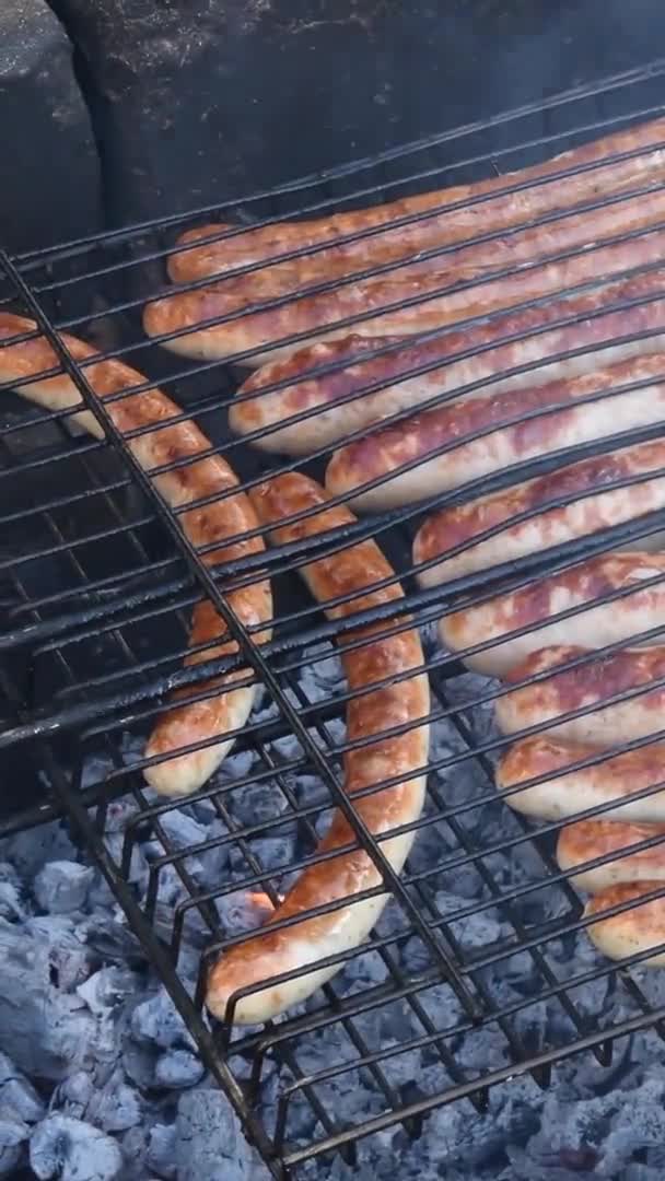 Beredning traditionella tyska korv Bratwurst i grill rutnät vid lägret spis — Stockvideo