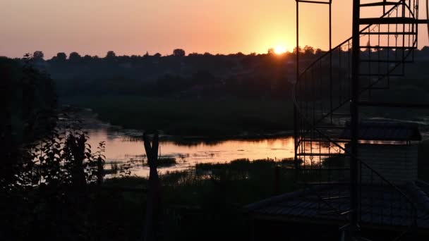 Time lapse boat silhouette at river sunset landscape of Southern Bug Guard National Park Ukraine — Stock Video