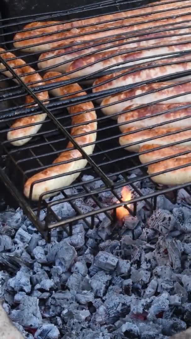 Подготовка традиционных немецких колбас Bratwurst в гриль сетке на печи лагеря — стоковое видео