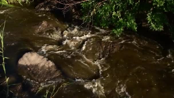 Błotnista woda górskiej rzeki płynąca wśród granitowych skał podczas powodzi — Wideo stockowe