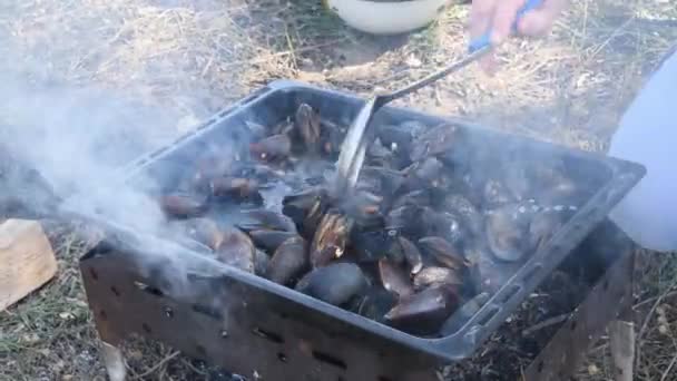 Fisk och skaldjur musslor i skal matlagning utomhus på grill mangal med eld och ånga — Stockvideo
