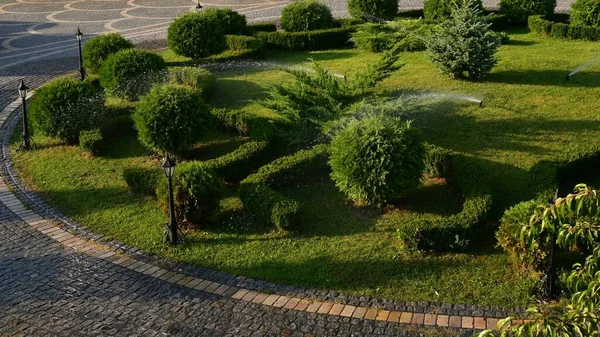 Zahradní postřikovače rotují a rozstřikují vodu na květinové záhony v zahradě — Stock fotografie