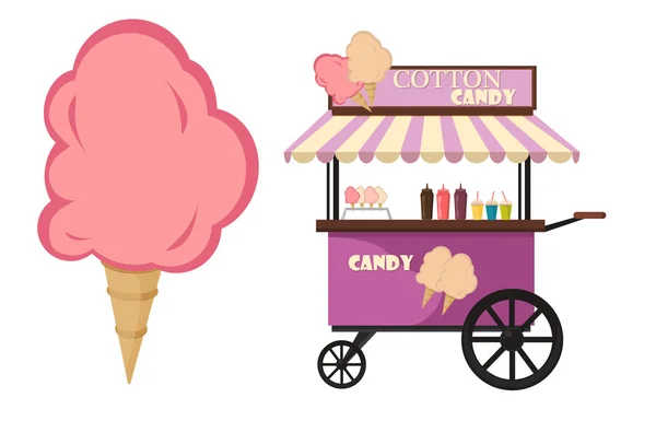 Vector flat illustration of Cotton Candy cart sweet sugar food transport. — Stock Vector