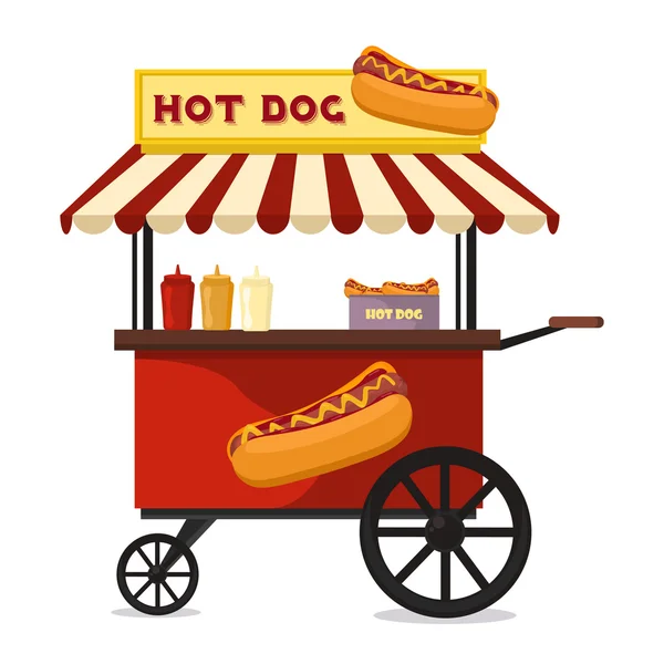 Hot dog fast food shop street cart city flat vector. — Stock Vector