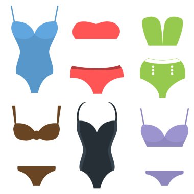 Takım elbise moda seyahat farklı düz vektör yaz simgeler yüzmek.