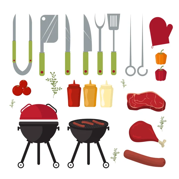 Set vettoriale di elementi per barbecue e grill all'aperto che cucinano la cena . — Vettoriale Stock
