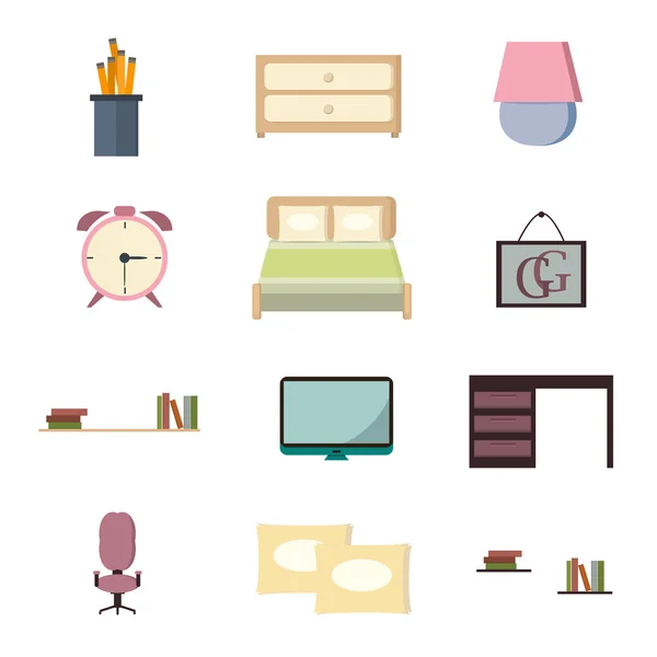 Set de iconos de dormitorio interior con muebles de estilo plano vector de ilustración . — Archivo Imágenes Vectoriales