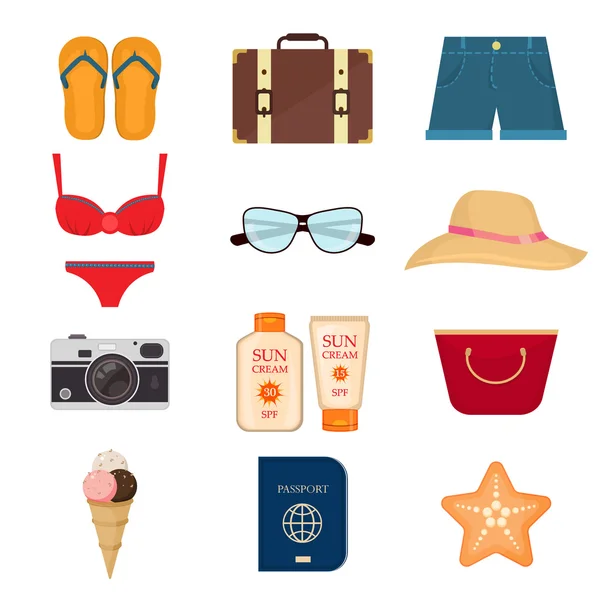 Conjunto de iconos de verano realistas e ilustración vectorial de objetos . — Vector de stock