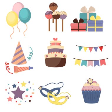 Kutlama parti karnaval şenlikli Icons set. Renkli semboller şapka, maske, hediyeler, balon.