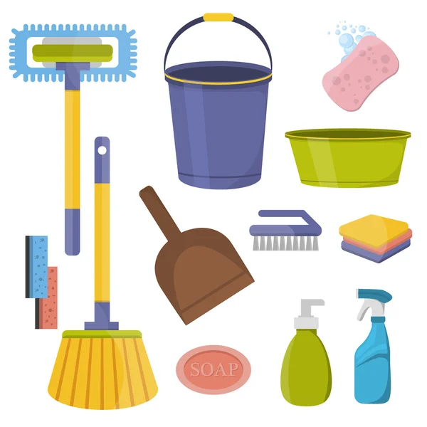 Herramientas de limpieza vectorial. Diseño plano suministros para el hogar . — Vector de stock