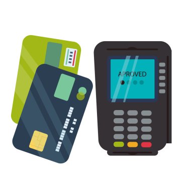 POS terminal ile kredi kartının takılı ve alış irsaliyesi vektör yazdırma.