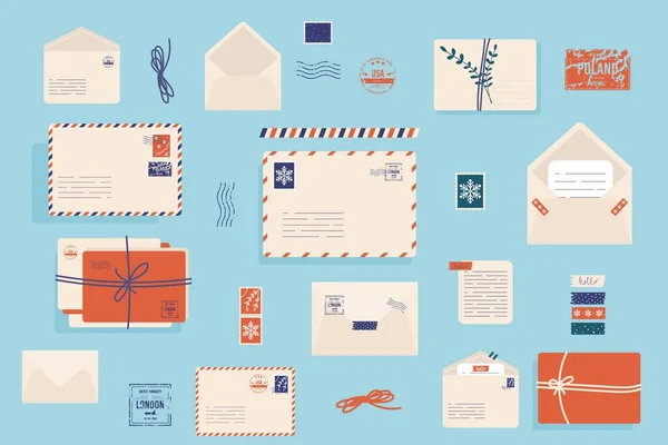 Envelope Natal Com Selos Bonitos Envelope Correio Adesivos Selos Cartão — Vetor de Stock