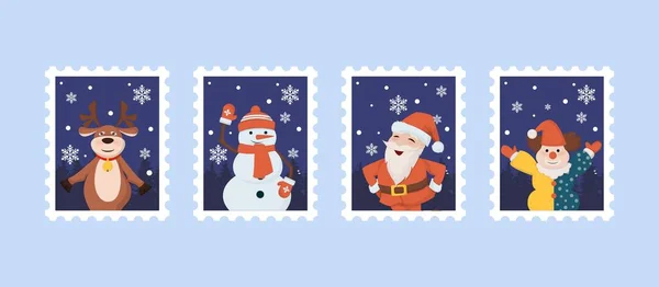Poste natalizie con Babbo Natale, renne, pupazzo di neve, Babbo Natale e illustrazione vettoriale clown. — Vettoriale Stock