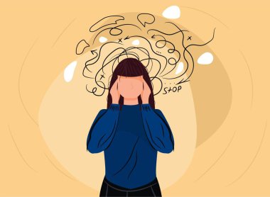 Woman headache or anxiety attack crisis. Frustrated woman with nervous problem clipart