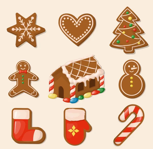クリスマスクッキー。ジンジャーブレッドハウス。甘い休日の食べ物. — ストックベクタ