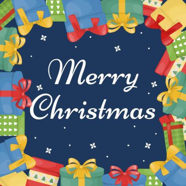 İçinde hediye kutuları olan bir Noel kartı. Yeni yıl partisi kartı..