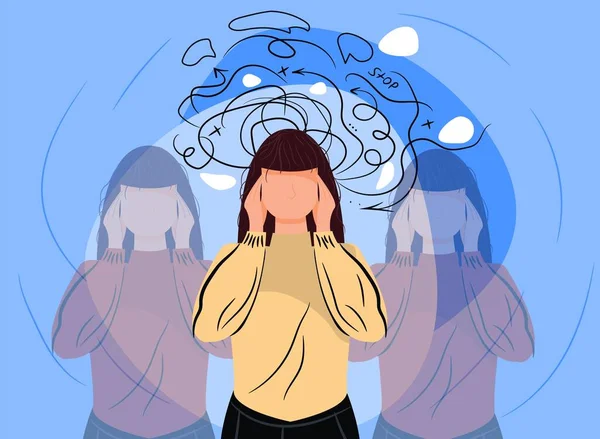 Angst en angst vrouw hoofdpijn aanval crisis. Gefrustreerde vrouw met zenuwproblemen — Stockvector