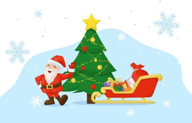 İçinde hediye kutuları olan bir Noel kartı. Hediye kutuları, kış tatili ağacı..