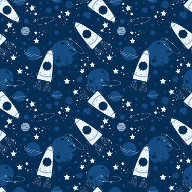 Kusursuz bir desen. Gezegenler, roketler ve yıldızlar. Çizgi film uzay gemisi simgeleri. Çocuksu bir geçmiş. Elle çizilmiş sihirli gökyüzü vektör çizimi. Rüya gören galaksi gece kumaşı.