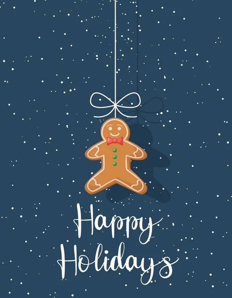 ジンジャーブレッドクッキーは冬の雪の背景にぶら下がっています ジンジャーブレッドクッキーをぶら下げてクリスマスカード 甘い休日の食べ物 伝統的な自家製デザートジンジャースナック クッキービスケットアイシングケーキ — ストックベクタ