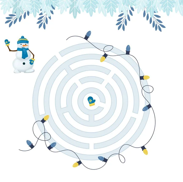 Maze game voor kerst thuis onderwijs kinderen. Circulaire doolhof puzzel taak. Winter vrije tijd raadsel vorm, zoeken op het juiste pad. — Stockvector