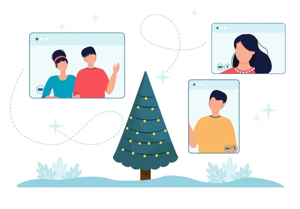 Célébration de Noël en ligne les gens écran de téléphone et arbre de Noël. Illustration vectorielle écrans de téléphone d'ordinateur avec des personnes — Image vectorielle