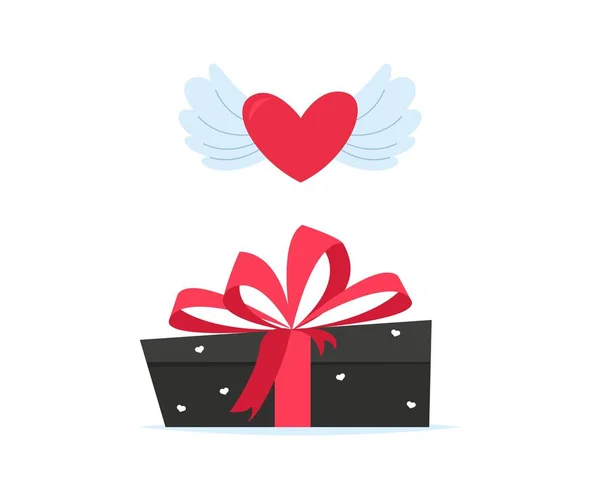 Valentine ama caixa de presente. Voando anjo coração Dia dos Namorados feriado — Vetor de Stock