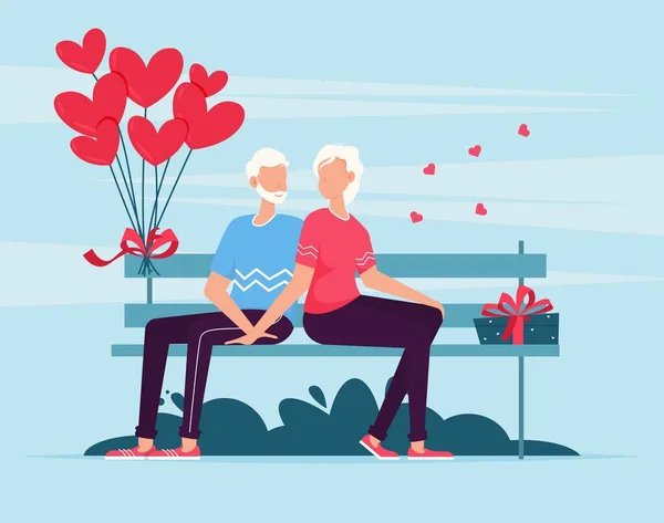 老夫妇坐在长椅上 可爱的夫妇在长椅上 快乐的年轻夫妇坐在一起 面带微笑 情人节浪漫的约会礼物卡 恋爱双方的关系 — 图库矢量图片