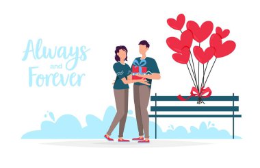 Sevgililer Günü romantik randevu kartı. Aşıkların ilişkisi iki kişidir. Sevgi dolu bir çiftin hediyesi. Birbirlerine yakın ve gülümseyen neşeli genç bir çift. Tatil hediyesi sürpriz kutlama randevusu..