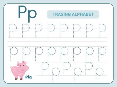 Alfabe izleme uygulaması harfi P. İz sürme alıştırması çalışma tablosu. Alfabe aktivite sayfası öğreniliyor. Yazdırılabilir şablon. Büyük ve küçük çaplı ABC iz sürme alıştırması. İngilizce el yazısı öğreniliyor